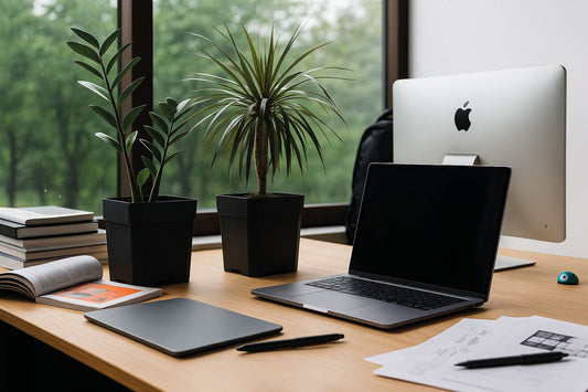 Zwei FlexiFlora-Pflanztöpfe mit Zimmerpflanzen auf einem modernen Schreibtisch vor einem großen Fenster – ein stilvolles Beispiel, wie sich das Büro begrünen lässt.