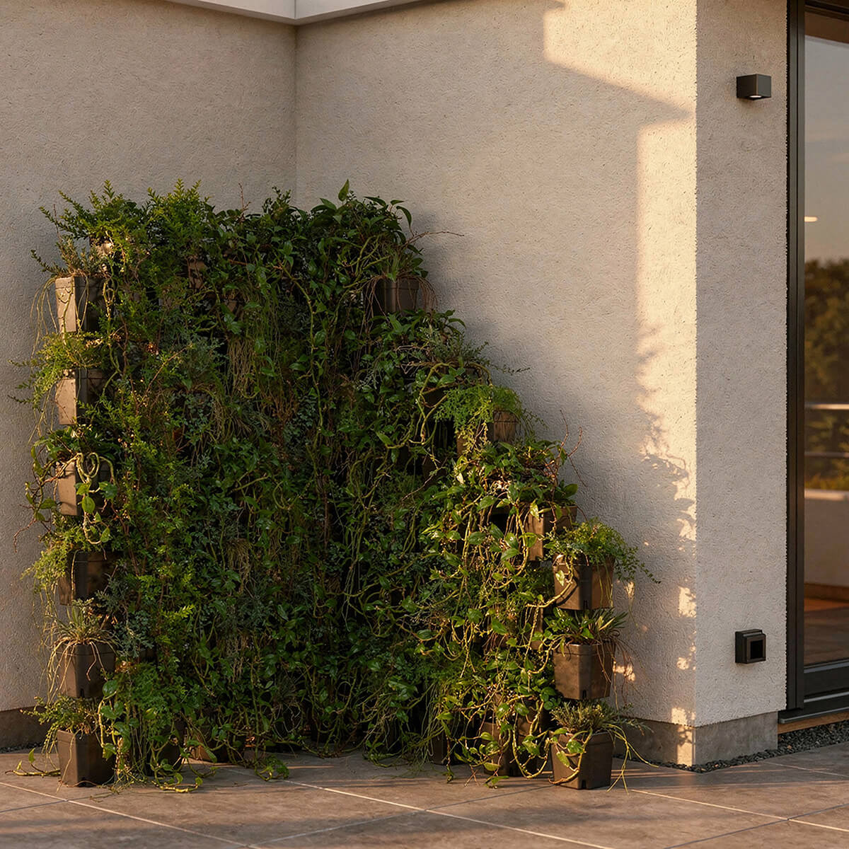FlexiFlora modulares Pflanzsystem als große Pflanzenwand mit hängenden Pflanzen an einer Hauswand auf der Terrasse.