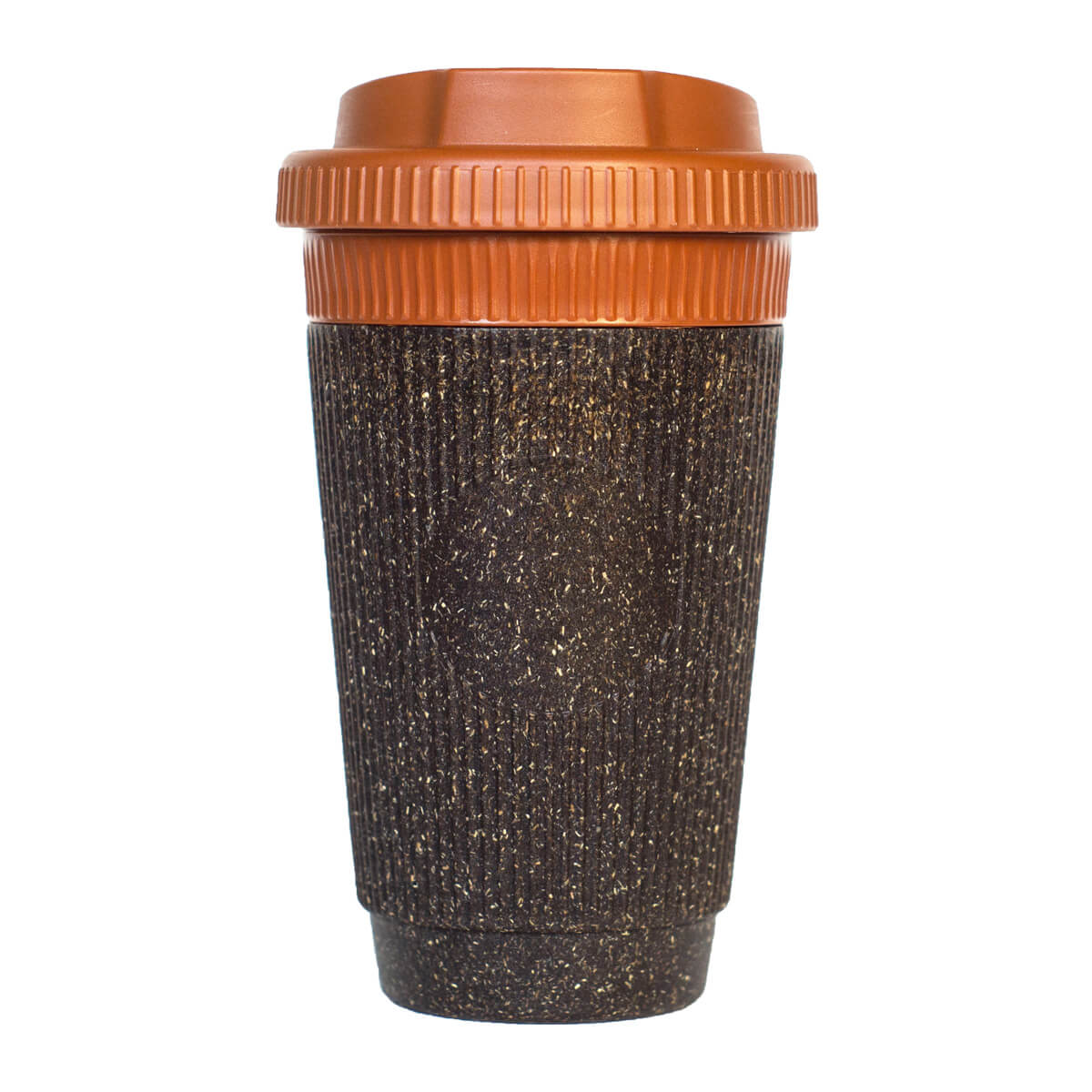 Nachhaltiger Coffee-to-go Becher aus recyceltem Kaffeesatz mit Deckel in Braun und Orange – wiederverwendbarer Becher für unterwegs.