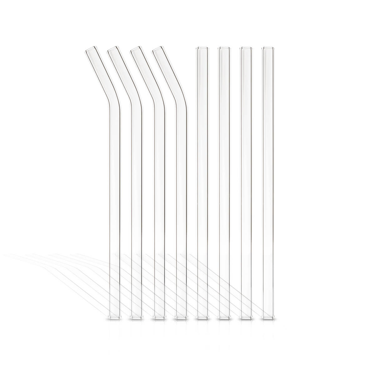 Acht transparente Glasstrohhalme, je vier gebogen und vier gerade – nachhaltige und wiederverwendbare Alternative zu Plastikstrohhalmen.