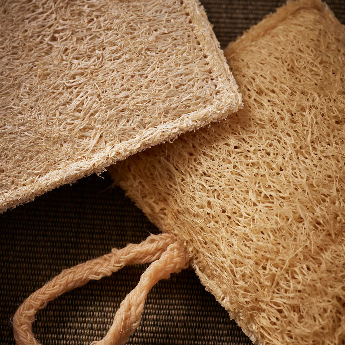 Zwei Luffa-Spülschwämme aus Naturmaterial von Io Nova liegen nebeneinander auf dunklem Untergrund.