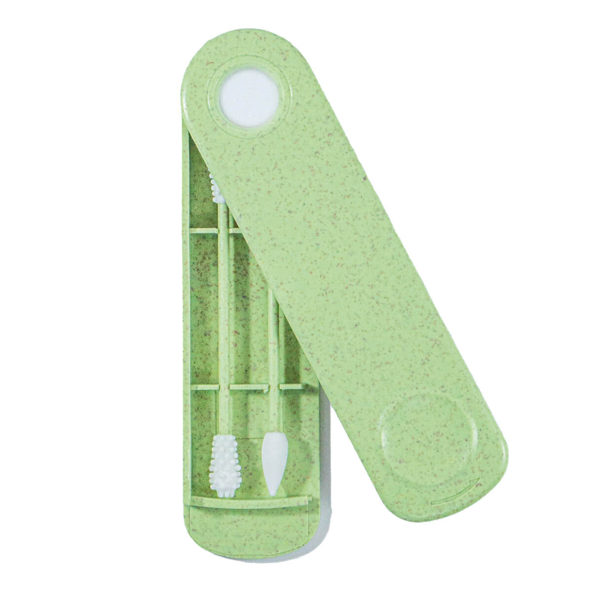 Wiederverwendbare Wattestäbchen im grünen Etui, hygienisch verpackt für unterwegs und umweltfreundlich im Zero-Waste-Design.