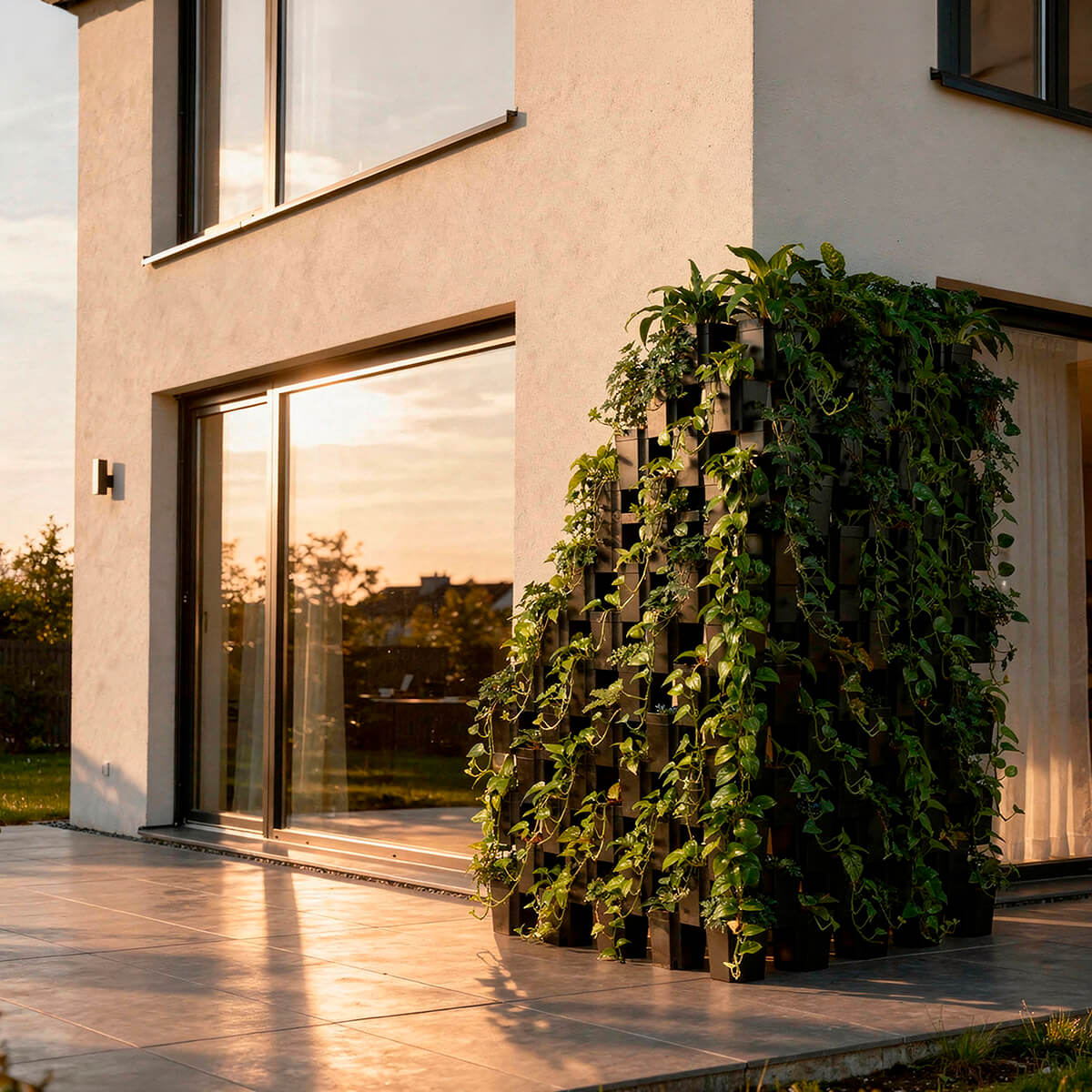FlexiFlora modulares Pflanzsystem als große begrünte Pflanzenwand auf der Terrasse neben einer Hausfassade.