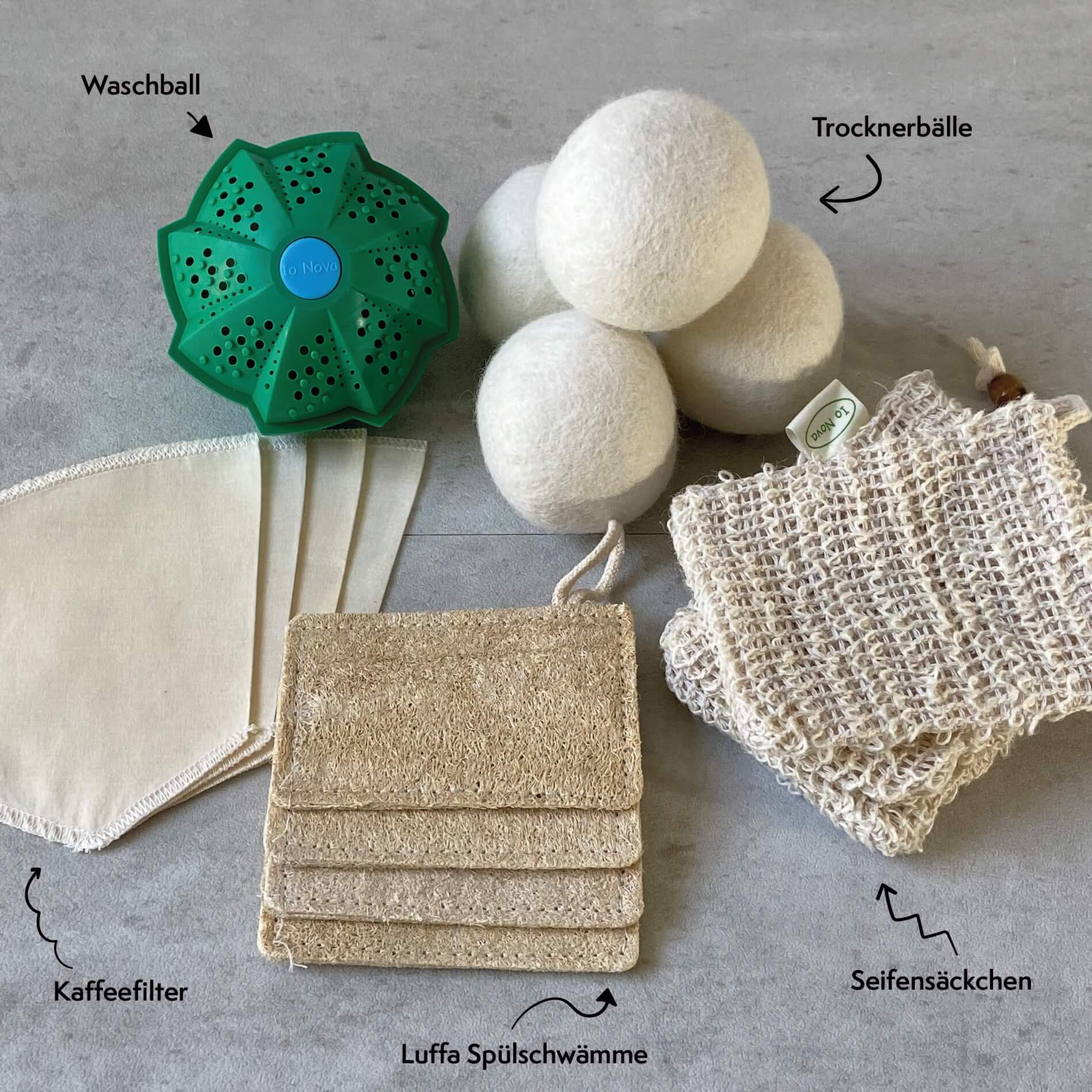 nachhaltiges Zero Waste Bestseller Set enthält: Eco Waschball, Trocknerbälle, Sisal Seifensäckchen, Kaffeefilter und Luffa Spülschwämme